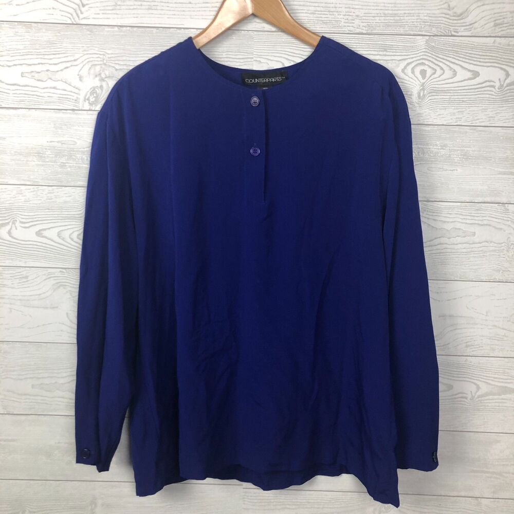VTG Counterparts Women's  Size 14 Long Sleeve Blouse Shoulder Pads Solid Blue